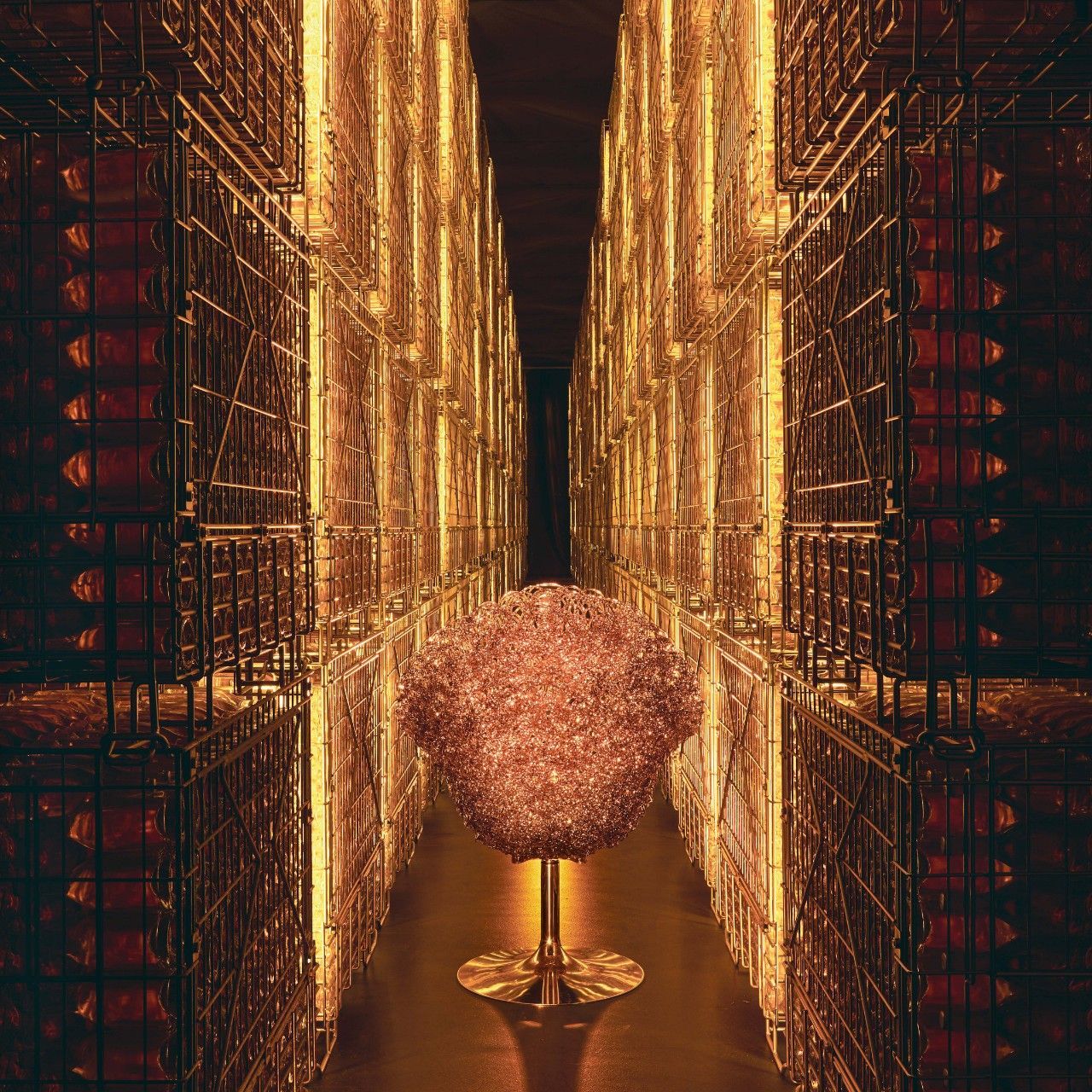  Amber Margherita. The armchair reflects the lights in the Cuv&eacute;e Prestige ageing area. 
