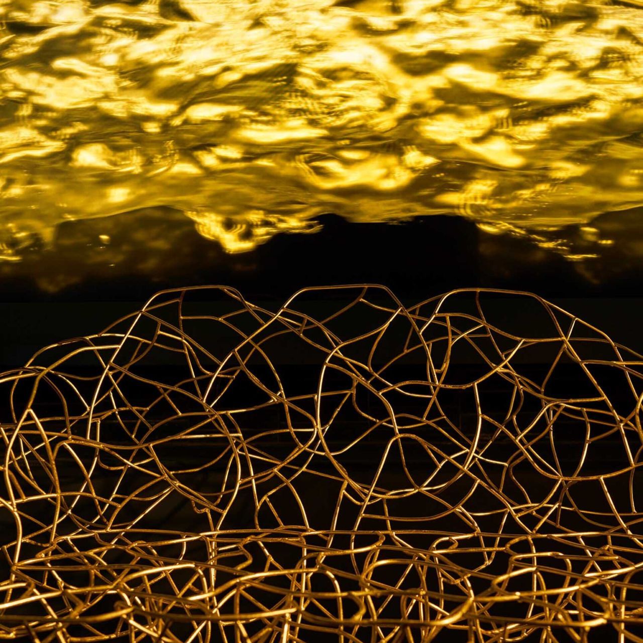   Corallo .&nbsp;Un d&eacute;tail du fauteuil des fr&egrave;res Campana en fil d'acier avec feuille d'or appliqu&eacute;e &agrave; la main, repr&eacute;sent&eacute; devant l'&oelig;uvre ORO de Fabrizio Plessi, qui souligne la force du mouvement qui se mat&eacute;rialise sous diff&eacute;rentes formes. 