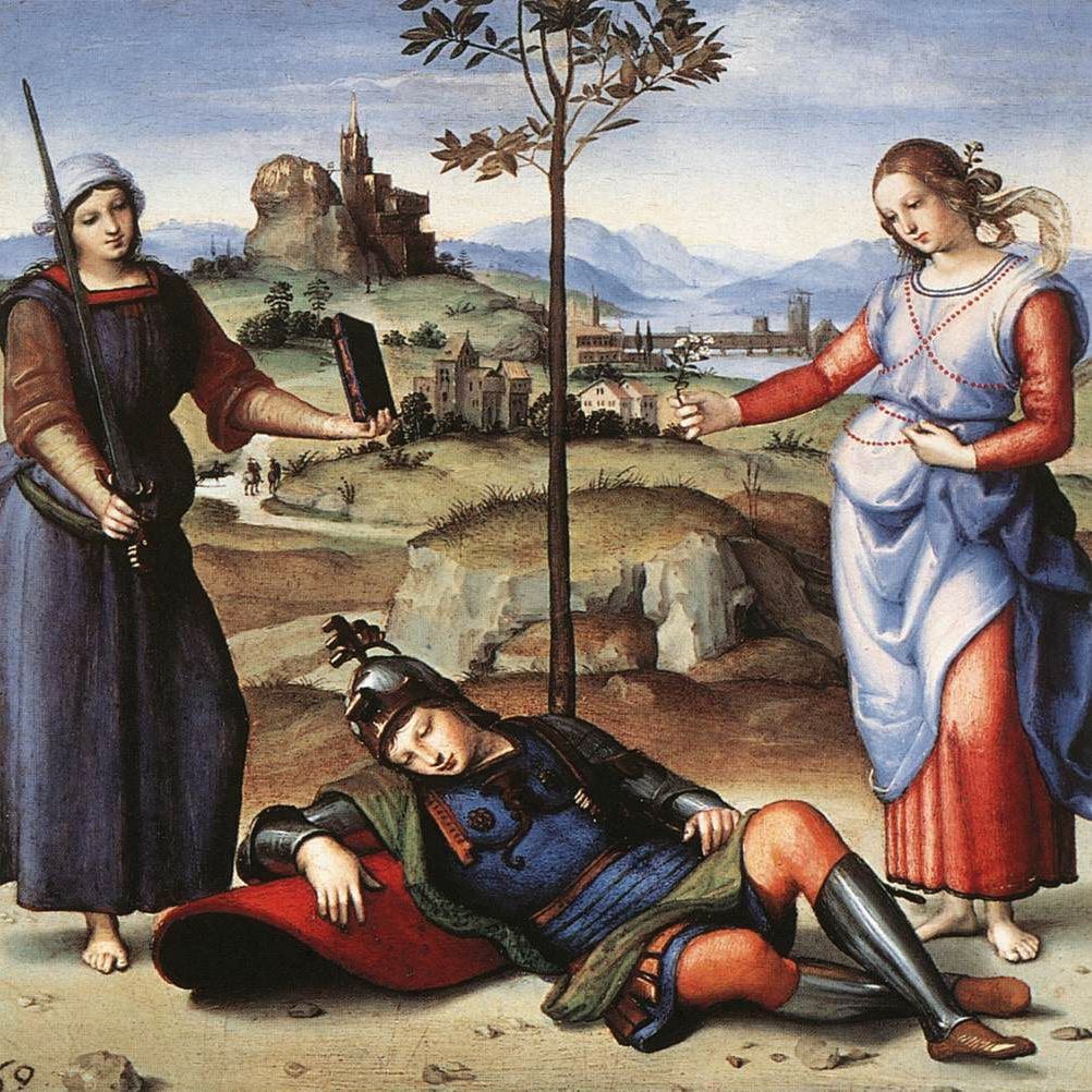  "The Vision of a Knight" wurde 1503 von Raffaello Sanzio gemalt und in der National Gallery in London ausgestellt. 