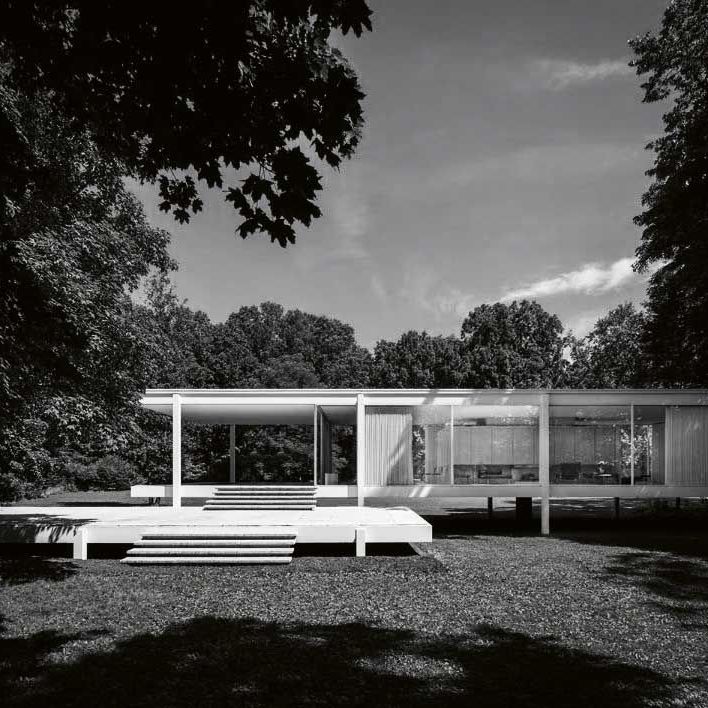 Farnsworth House. Das Projekt von Ludwig Mies van der Rohe zwischen 1945 und 1951 in Plano in Illinois.