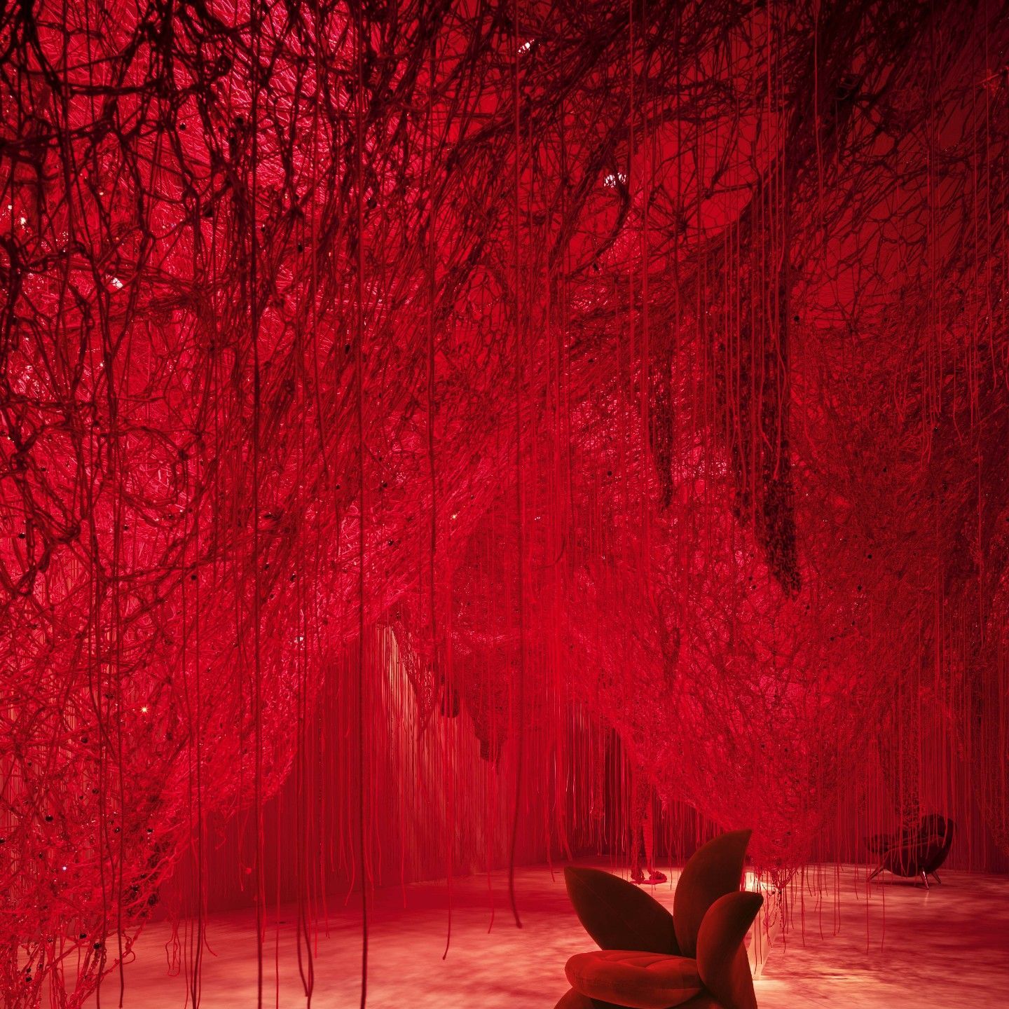  Flower Collection, Tatlin. The armchairs and sofa are immersed in &ldquo;Crystallizing Identity&rdquo; by Chiharu Shiota. 