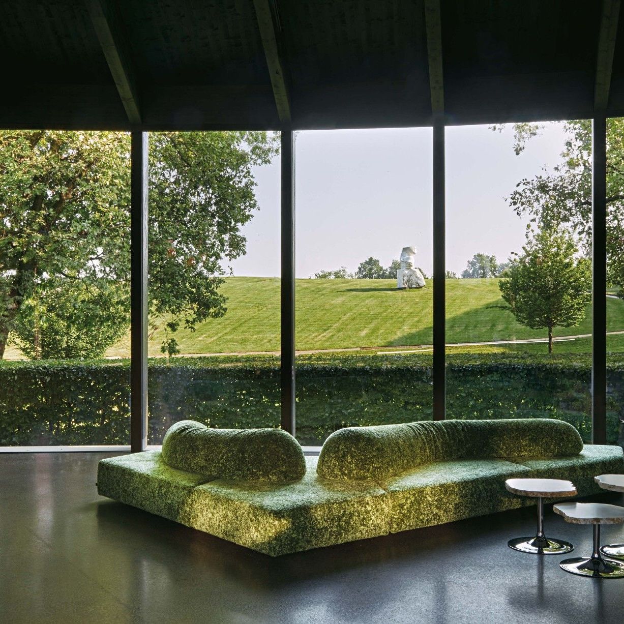  On the Rocks outdoor, Cicladi. The sofa in Every Stone Green Alps and the natural alabaster tables in the winery&rsquo;s new guest reception area. 
